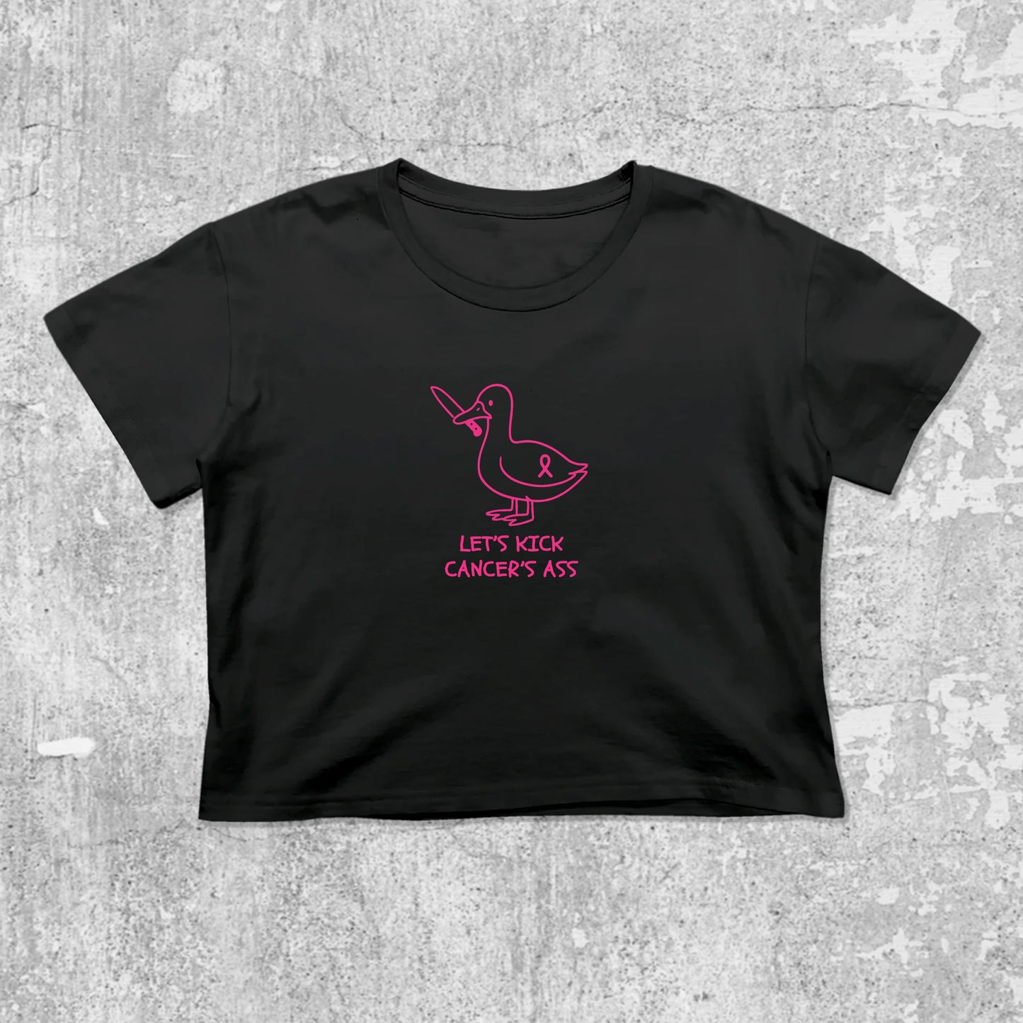 Let's Kick Cancers Ass graphic crop tee with cute and trendy fit, featuring playful vintage graphic, stylish cut. Black crop t-shirt