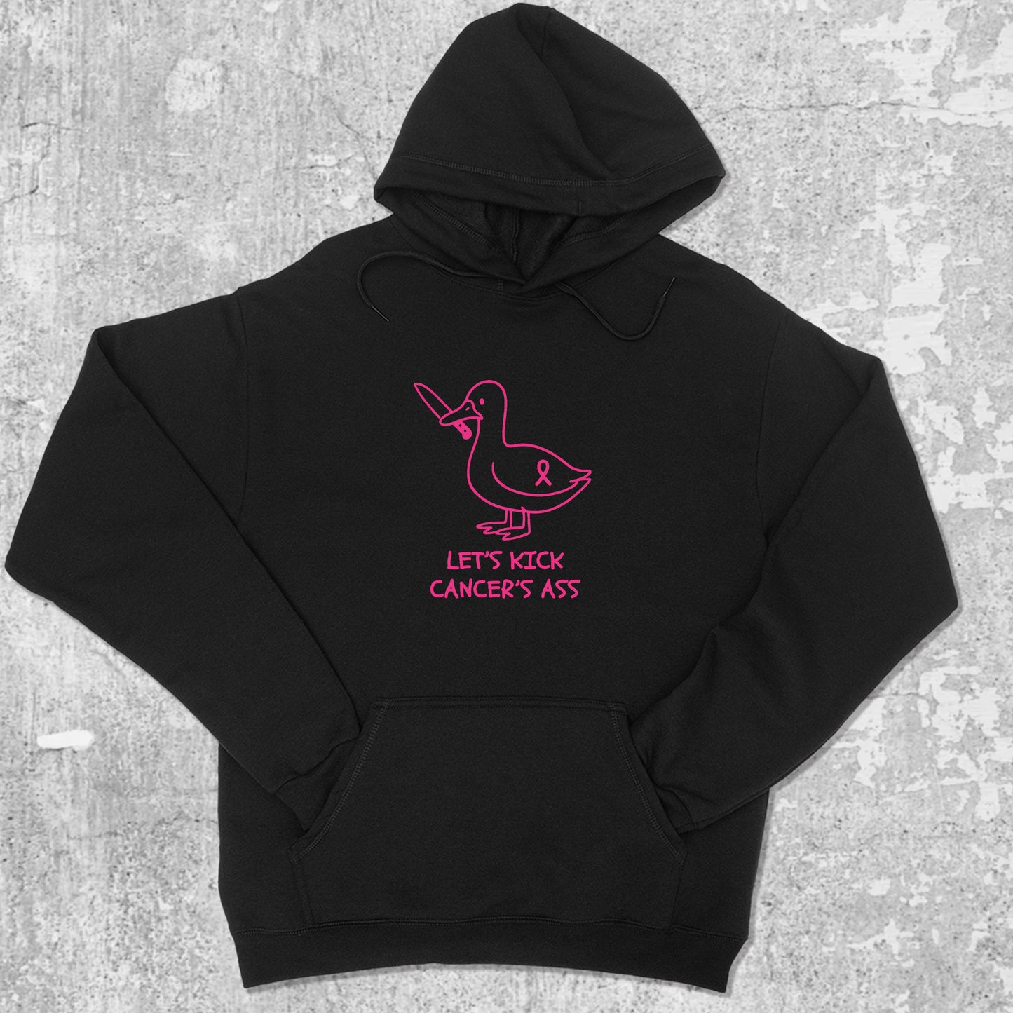 Let's Kick Cancers Ass graphic hoodie with funny and trendy artwork, casual streetwear with bold personality. Great for adults and gifting. Black hoodie.