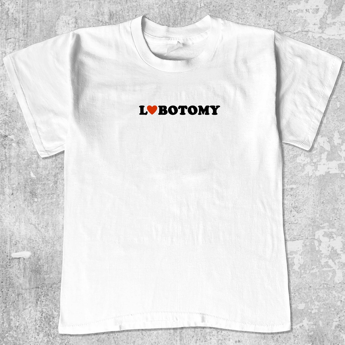 Lobotomy graphic tee with retro and humorous print, funny and trendy graphic. Perfect for adults and gift-giving. White shirt.