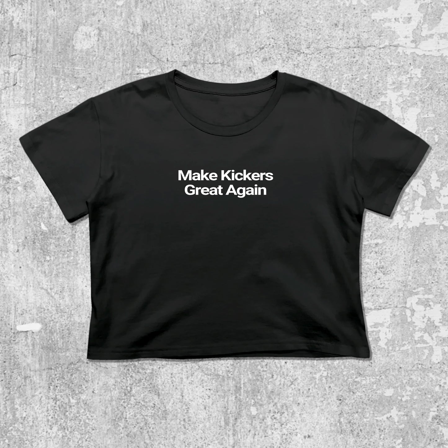 Make Kickers Great Again graphic crop tee with cute and trendy fit, featuring playful vintage graphic, stylish cut. Black crop t-shirt