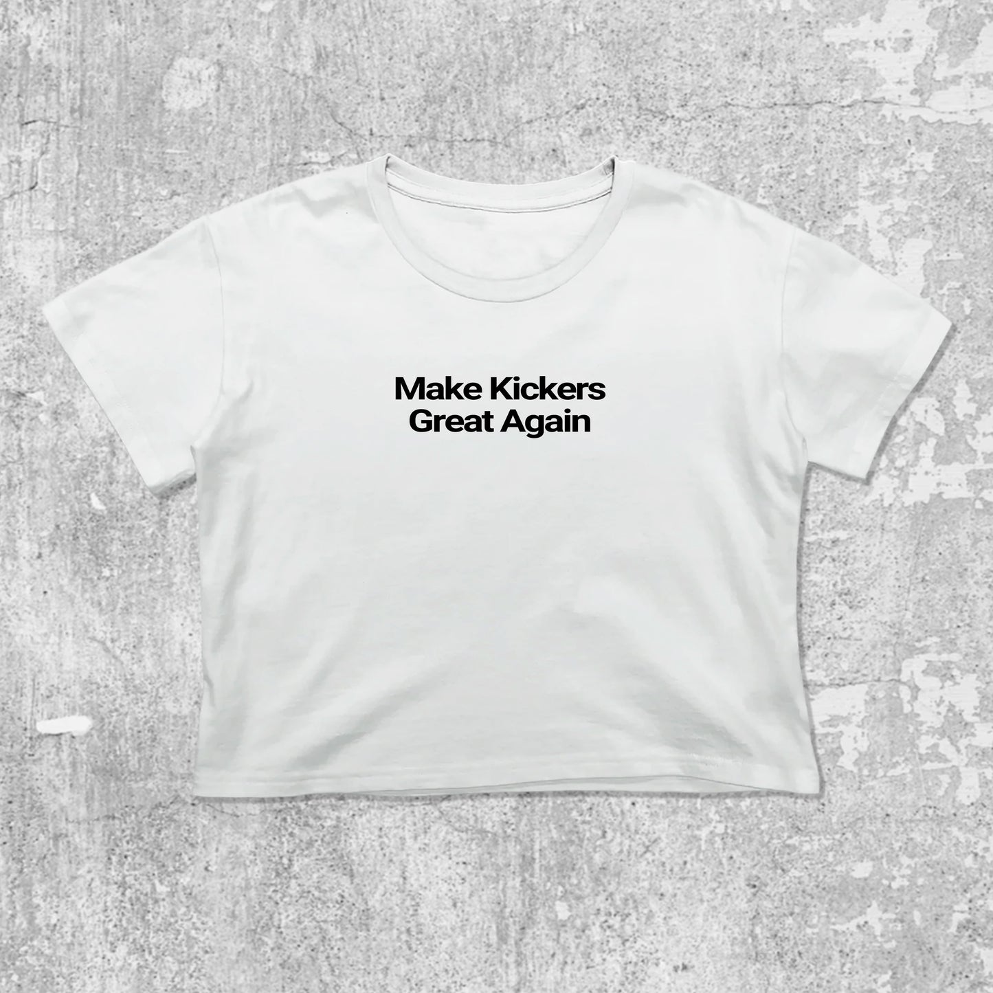 Make Kickers Great Again graphic crop tee with cute and trendy fit, featuring playful vintage graphic, stylish cut. White crop t-shirt