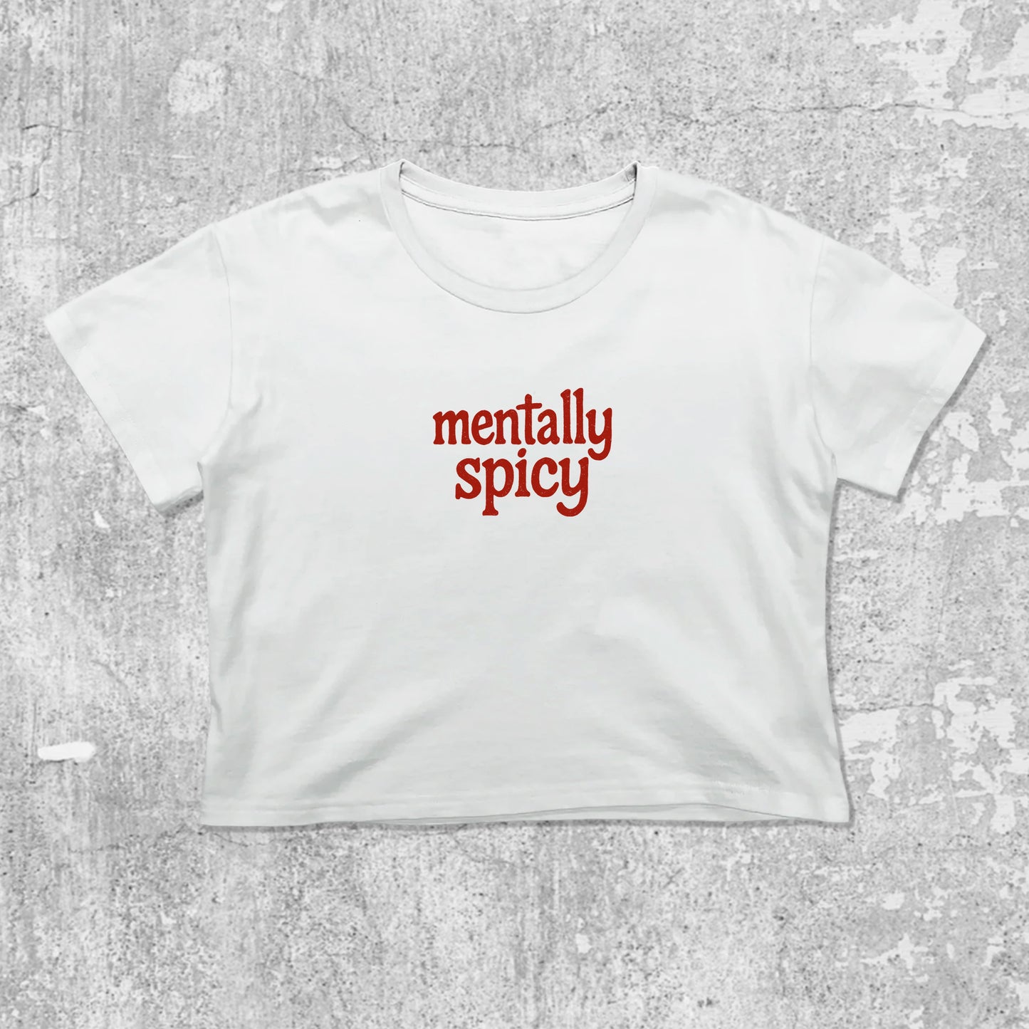 Mentally Spicy graphic crop tee with cute and trendy fit, featuring playful vintage graphic, stylish cut. White crop t-shirt
