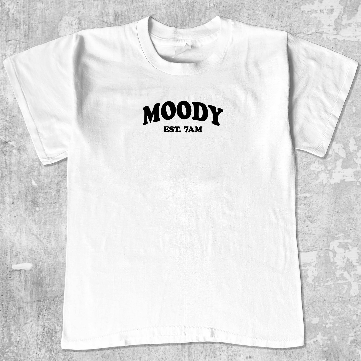 Moody graphic tee with cute and humorous print, funny and Vintage graphic. Perfect for friends. White shirt.