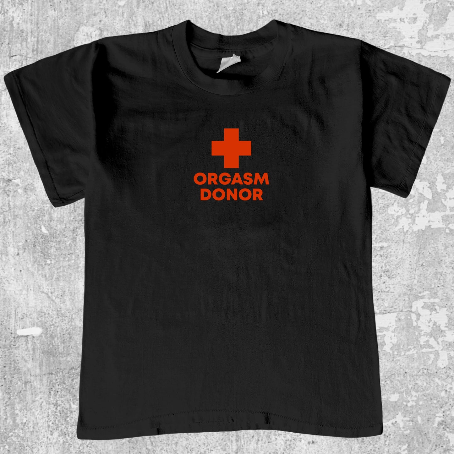 Orgasm Donor graphic tee with bold and humorous print, funny and trendy graphic. Perfect for adults and gift-giving. Black shirt.