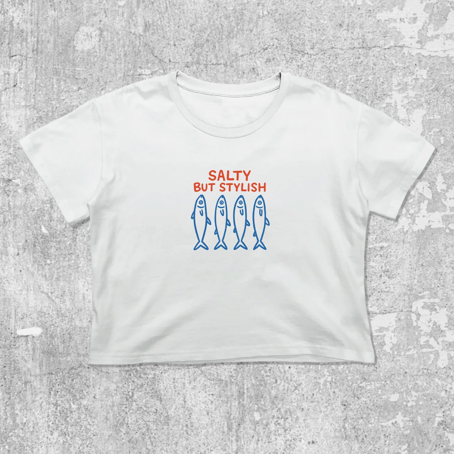 Salty But Stylish graphic crop tee with cute and trendy fit, featuring playful vintage graphic, stylish cut. White crop t-shirt