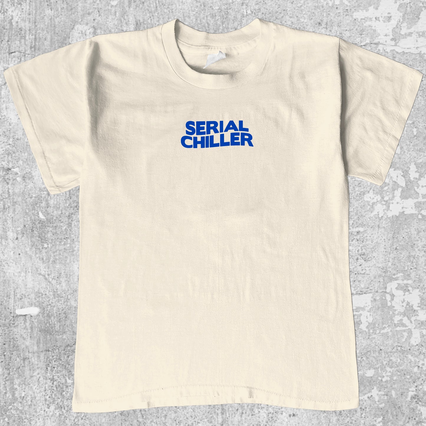 Serial Chiller graphic tee with bold and humorous print, funny and trendy graphic. Perfect for adults and gift-giving. Cream shirt.