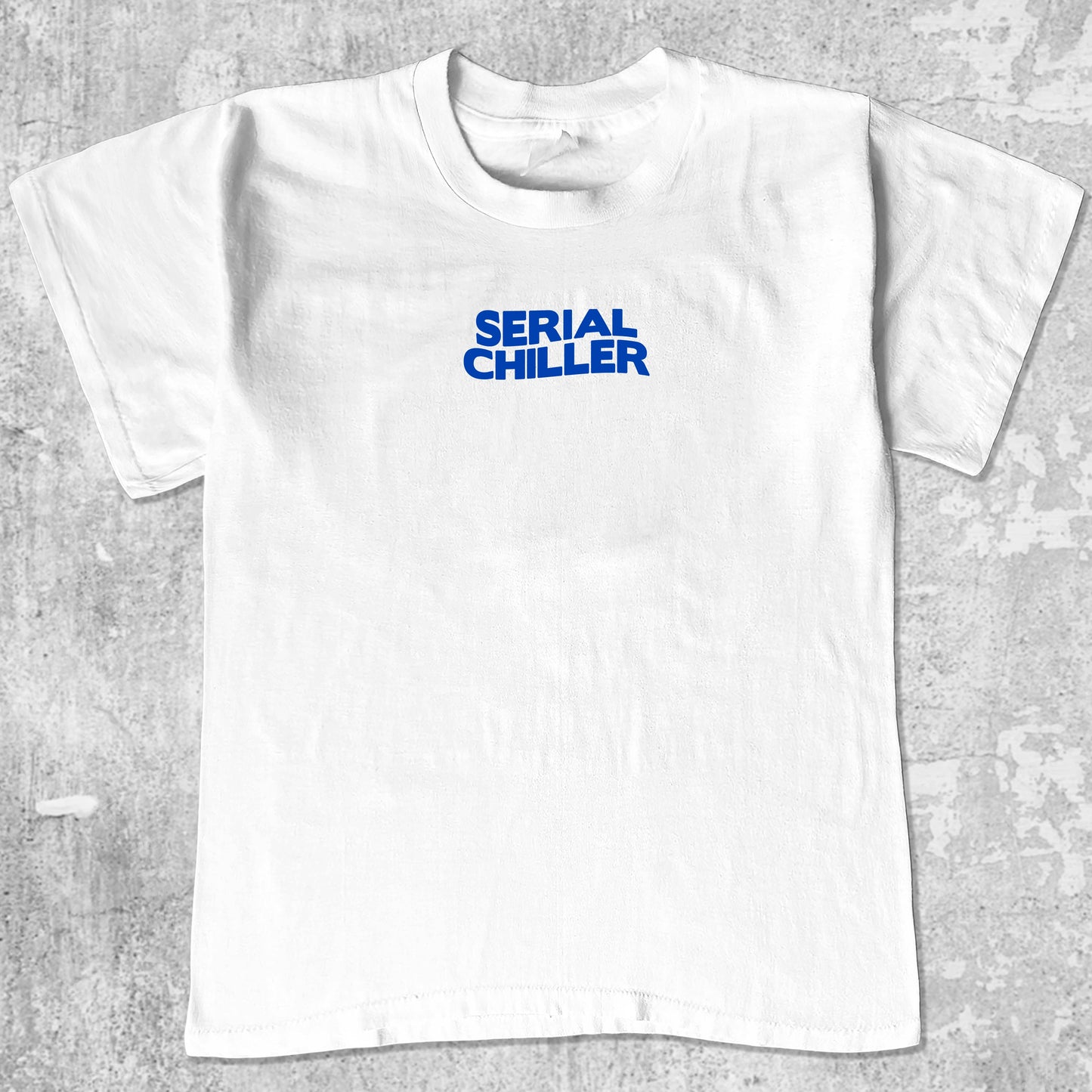 Serial Chiller graphic tee with bold and humorous print, funny and trendy graphic. Perfect for adults and gift-giving. White shirt.