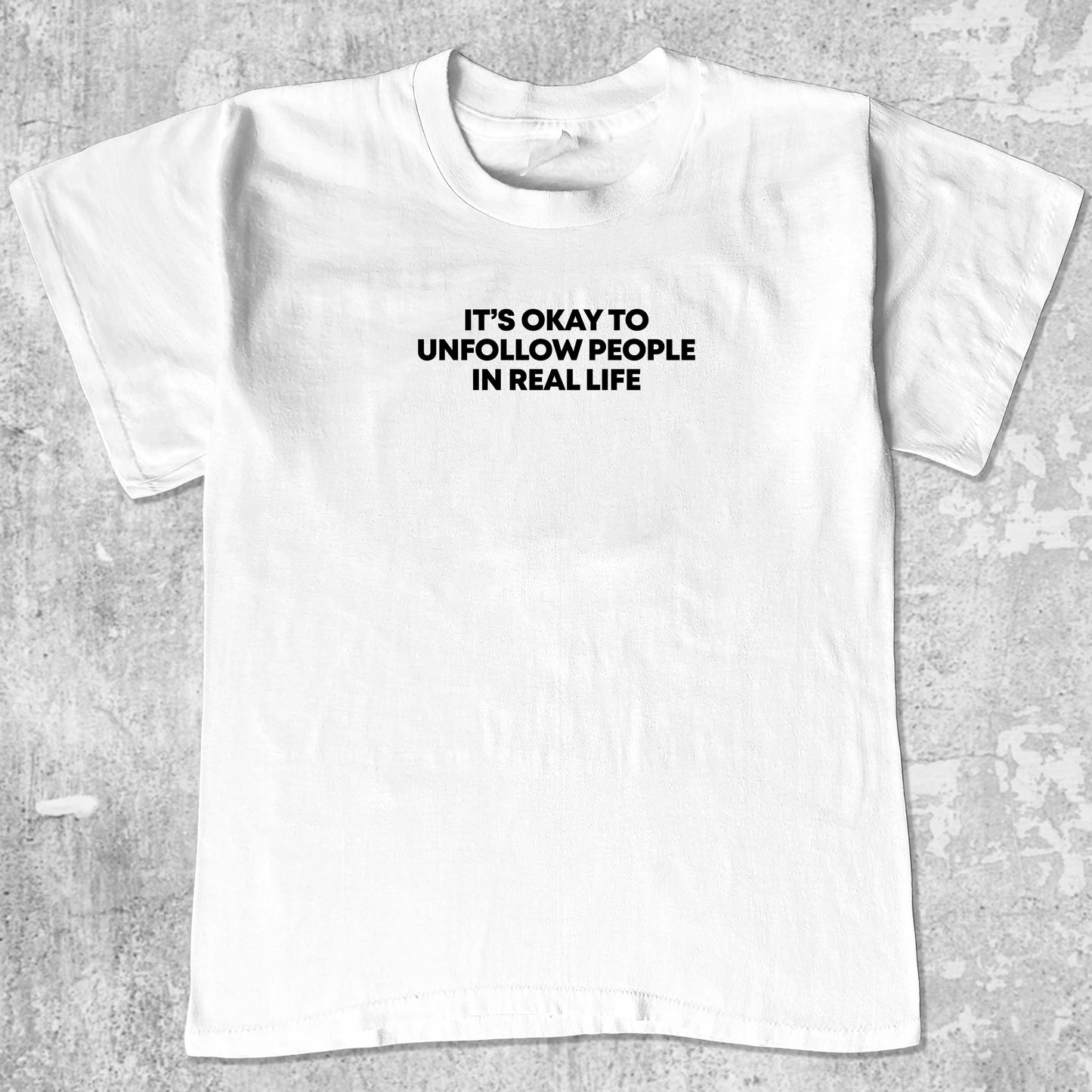 Unfollow People graphic tee with bold and humorous print, funny and trendy graphic. Perfect for adults and gift-giving. White shirt.