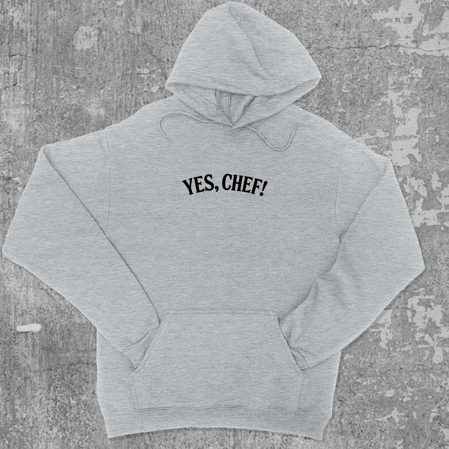 Yes Chef graphic hoodie with funny and trendy artwork, casual streetwear with bold personality. Great for adults and gifting. Heather Grey hoodie.