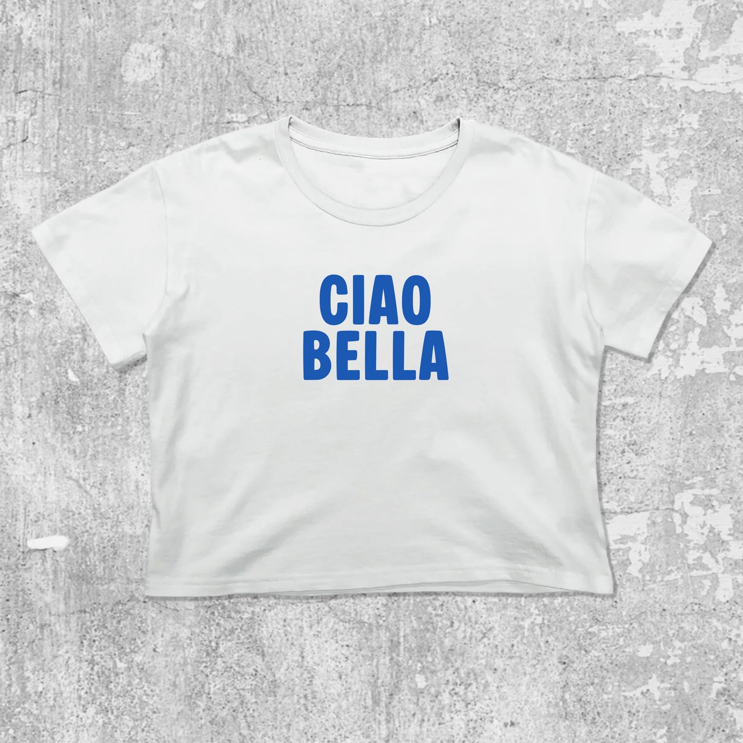 CIAO BELLA graphic crop tee with cute and trendy fit, featuring playful vintage graphic, stylish cut. White crop t-shirt