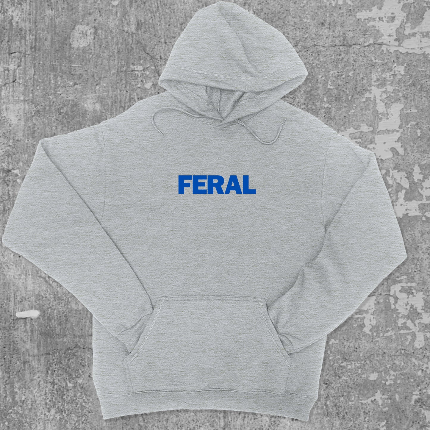 Feral graphic hoodie with funny and trendy artwork, casual streetwear with bold personality. Great for adults and gifting. Heather Grey hoodie.