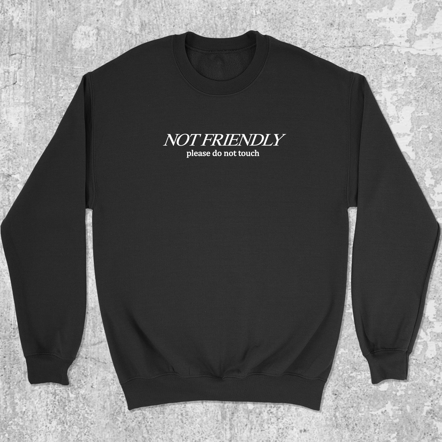 Not Friendly Please Do Not Touch graphic sweatshirt with bold and humorous print, warm and cozy graphic for everyday wear. Perfect for Christmas gifts for friends and family. Black pullover.