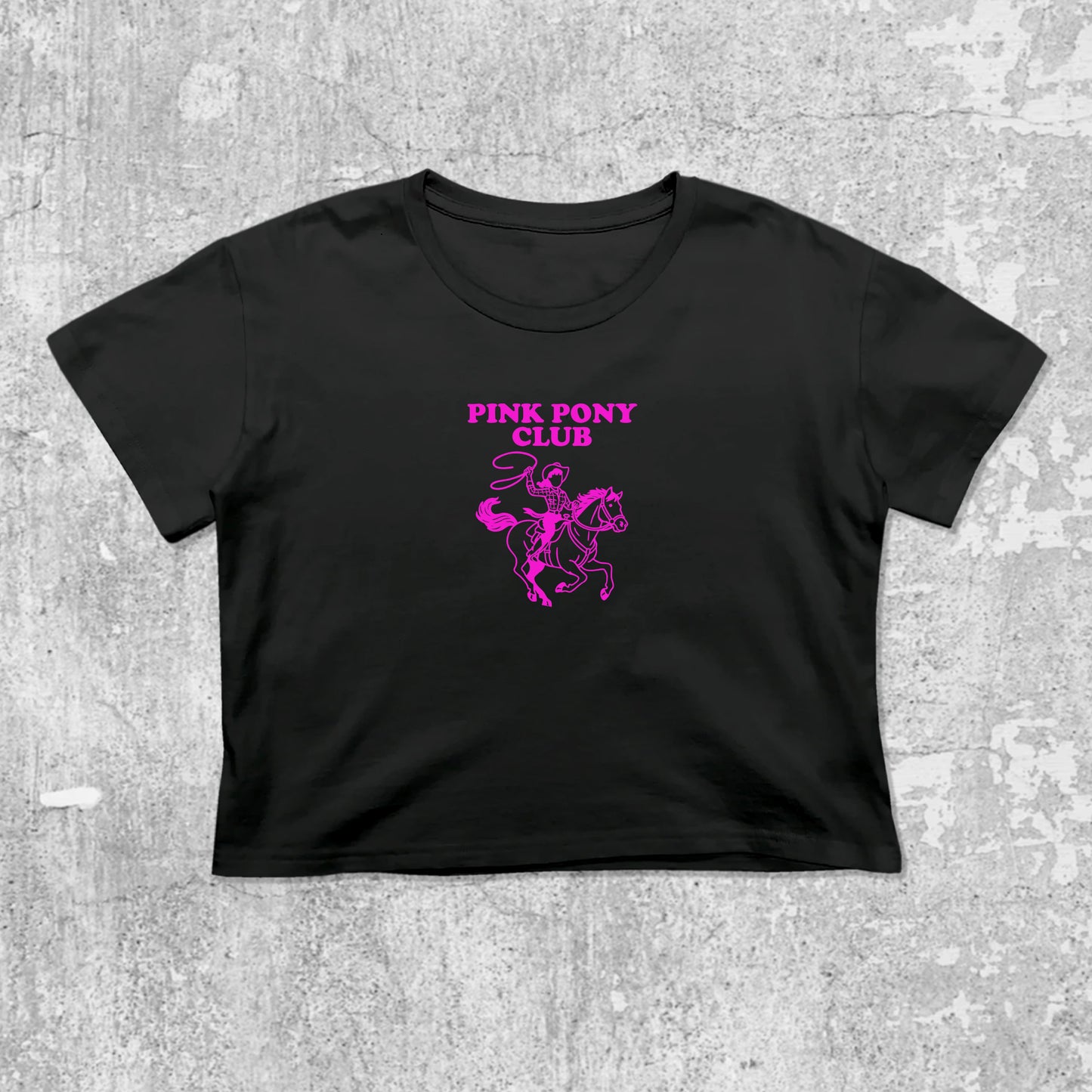 Pink Pony Club graphic crop tee with cute and trendy fit, featuring playful vintage graphic, stylish cut. Black crop t-shirt