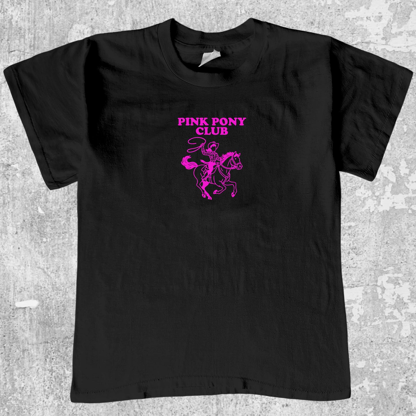 Pink Pony Club graphic tee with bold and humorous print, funny and trendy graphic. Perfect for adults and gift-giving. Black shirt.