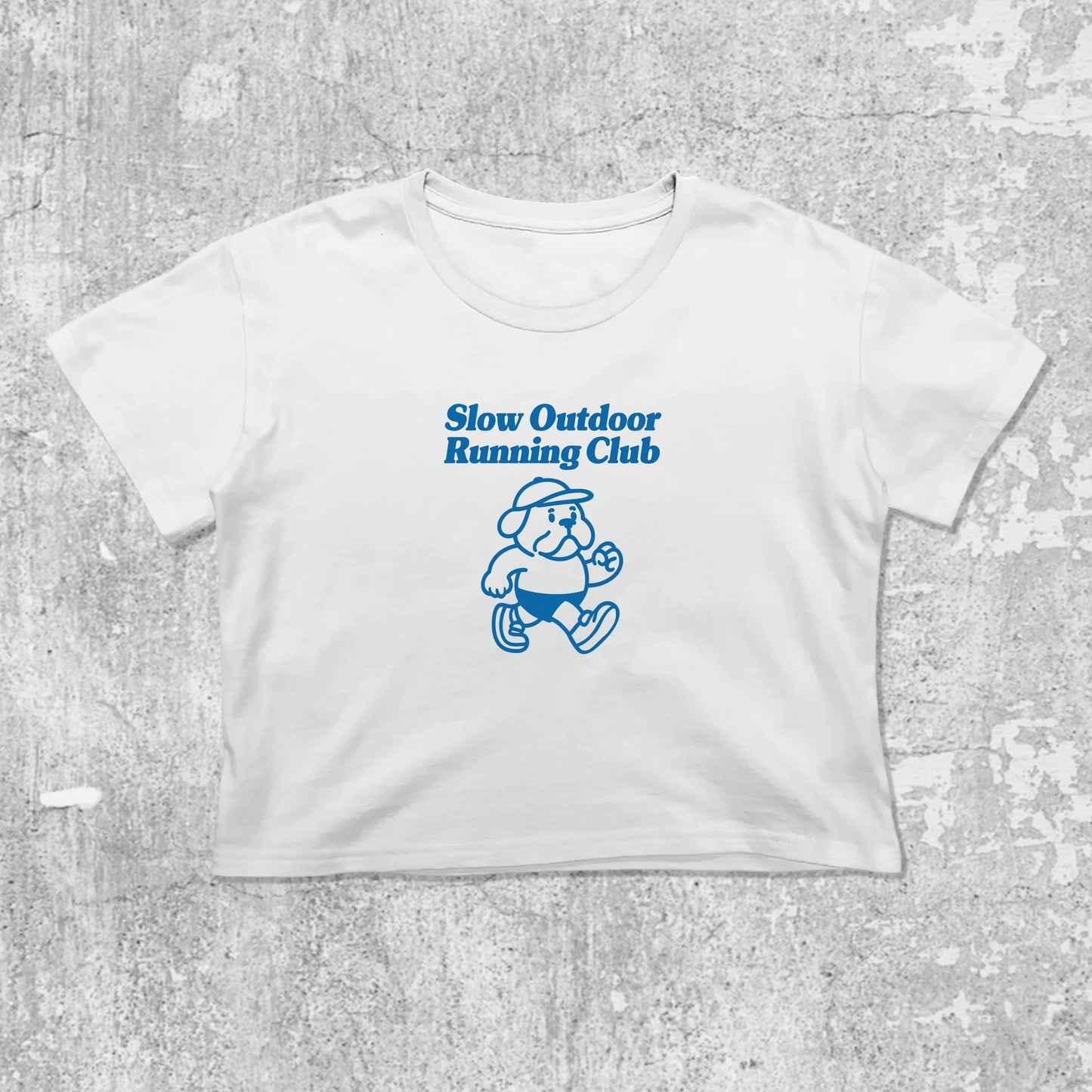 Slow Outdoor Running Club graphic crop tee with cute and trendy fit, featuring playful vintage graphic, stylish cut. White crop t-shirt