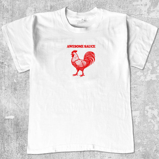 Awesome Sauce graphic tee with funny chili sauce print, cute and trendy graphic. Perfect for Christmas gifts for friends and family. White shirt.