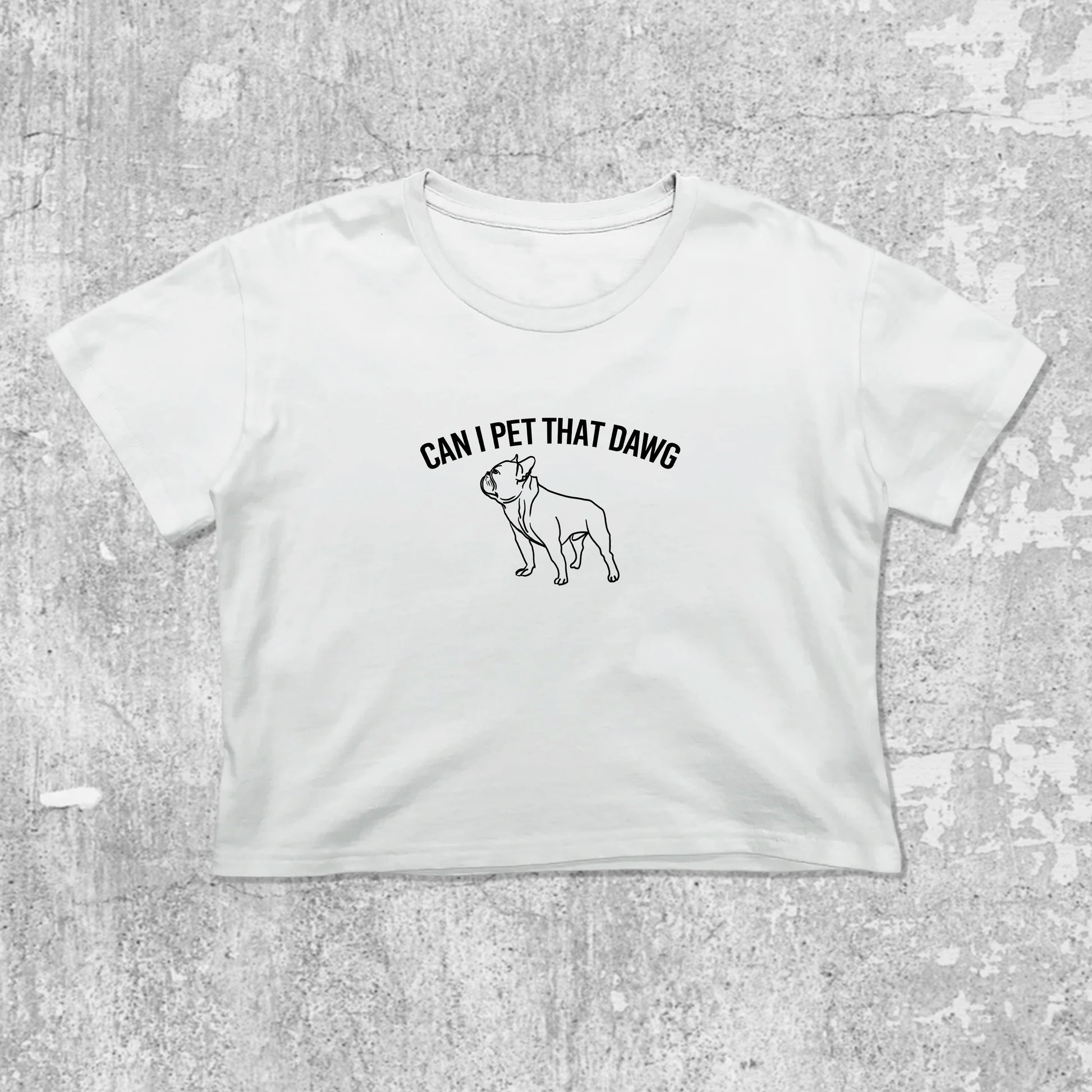 Can I Pet That Dawg graphic crop tee with cute and trendy fit, featuring playful vintage graphic, stylish cut. White crop t-shirt