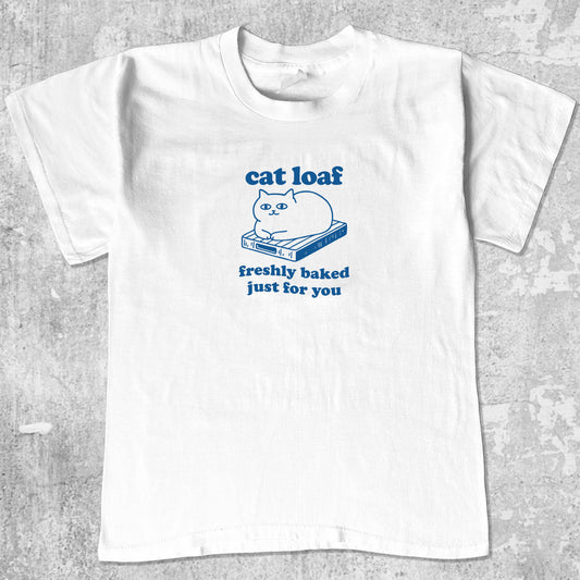 Cat Loaf graphic tee with cute and humorous print, funny and Vintage graphic. Perfect for friends. White shirt.