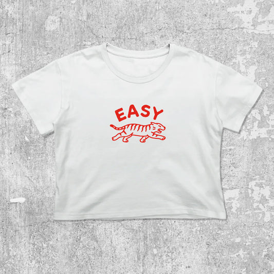 Easy Tiger graphic crop tee with cute and trendy fit, featuring playful vintage graphic, stylish cut. White crop t-shirt