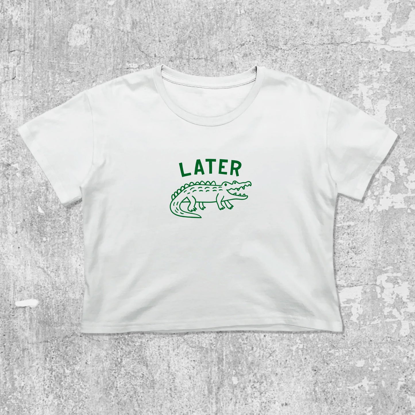 Later Gator graphic crop tee with cute and trendy fit, featuring playful vintage graphic, stylish cut. White crop t-shirt