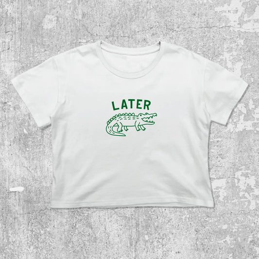 Later Gator graphic crop tee with cute and trendy fit, featuring playful vintage graphic, stylish cut. White crop t-shirt