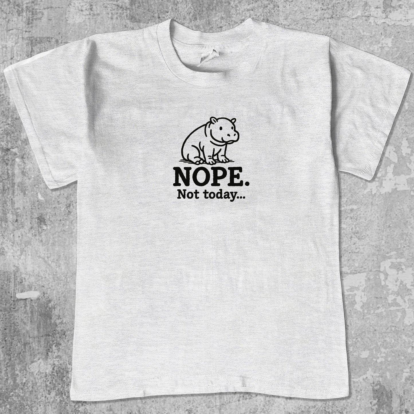 Nope Not Today graphic tee with cute hippo print, funny and trendy graphic. Perfect for Christmas gifts for friends and family. Ash Grey shirt.