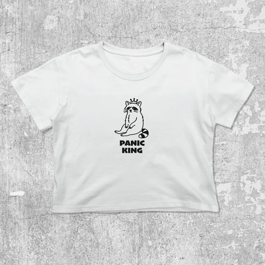 Panic King Raccoon graphic crop tee with cute and trendy fit, featuring playful vintage graphic, stylish cut. White crop t-shirt