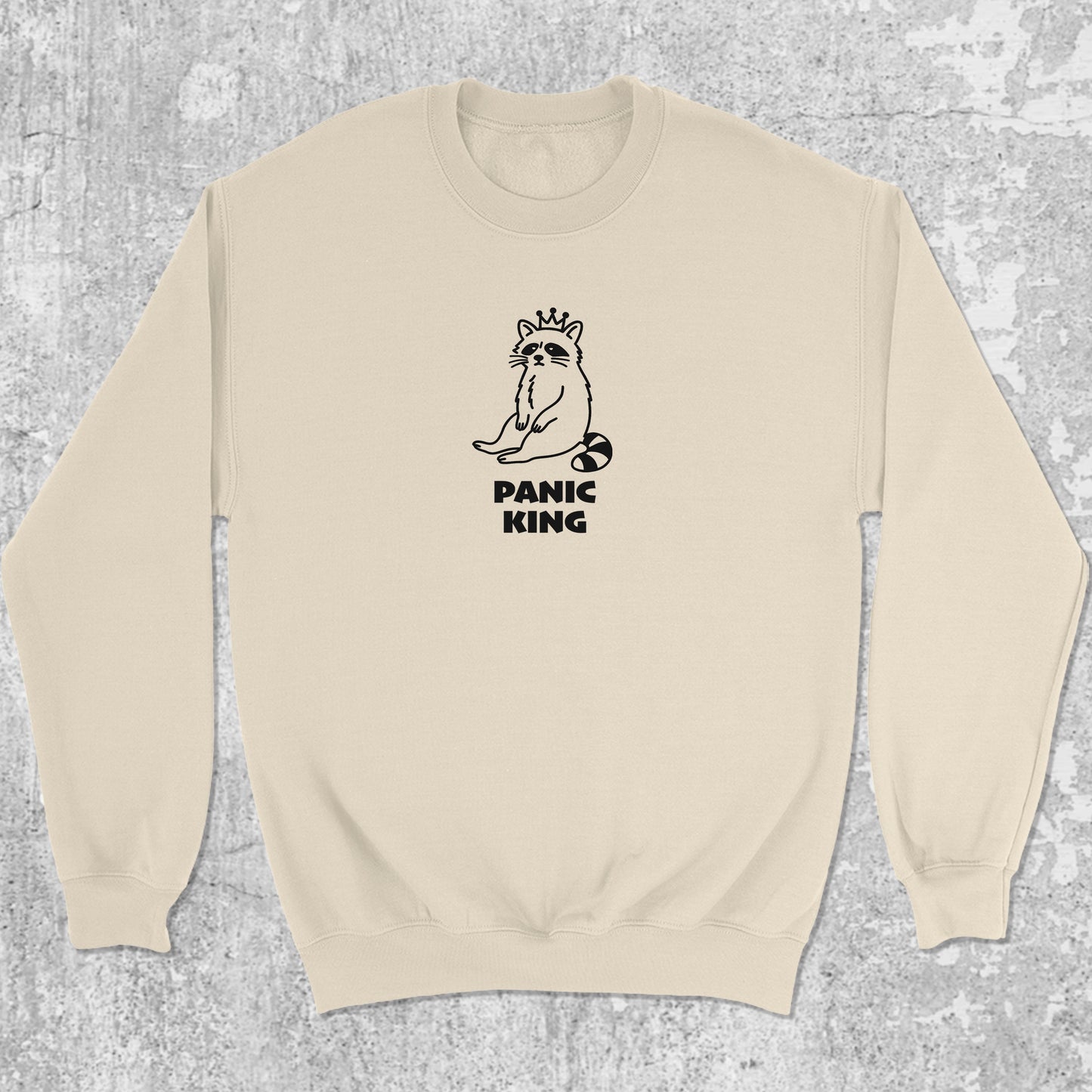 Panic King Raccoon graphic sweatshirt with bold and humorous print, warm and cozy graphic for everyday wear. Perfect funny gift for Christmas. Natural pullover.
