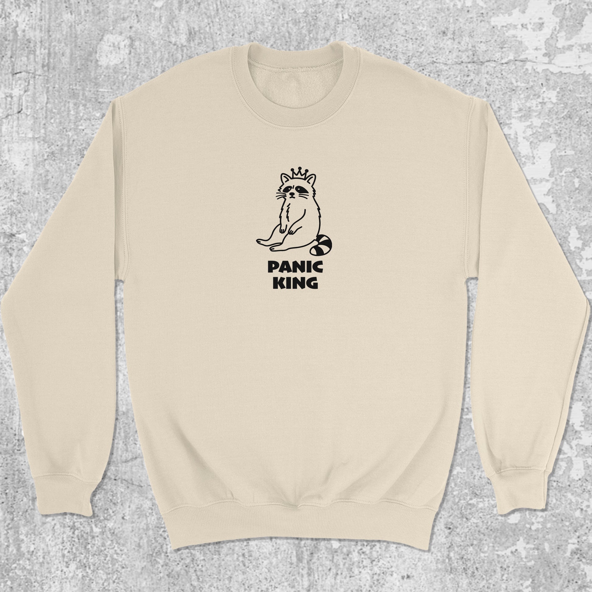Panic King Raccoon graphic sweatshirt with bold and humorous print, warm and cozy graphic for everyday wear. Perfect funny gift for Christmas. Natural pullover.