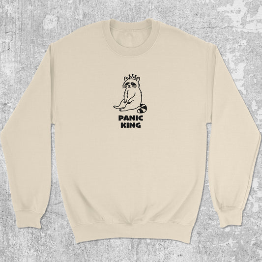 Panic King Raccoon graphic sweatshirt with bold and humorous print, warm and cozy graphic for everyday wear. Perfect funny gift for Christmas. Natural pullover.