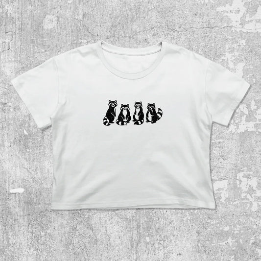 Raccoons graphic crop tee with cute and trendy fit, featuring playful vintage graphic, stylish cut. White crop t-shirt