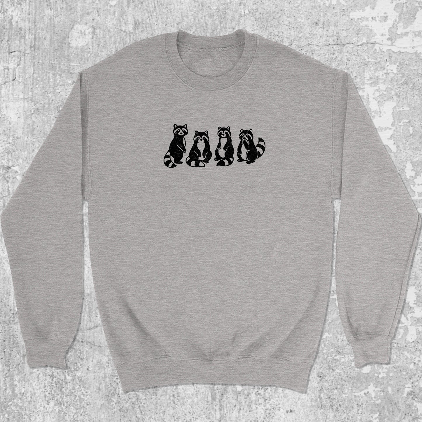 Raccoons graphic sweatshirt with bold and humorous print, warm and cozy graphic for everyday wear. Perfect funny gift for Christmas. Heather Grey pullover.