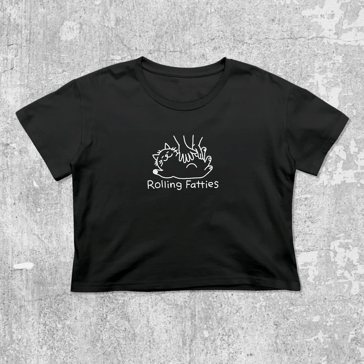 Rolling Fatties graphic crop tee with cute and trendy fit, featuring playful vintage graphic, stylish cut. Black crop t-shirt