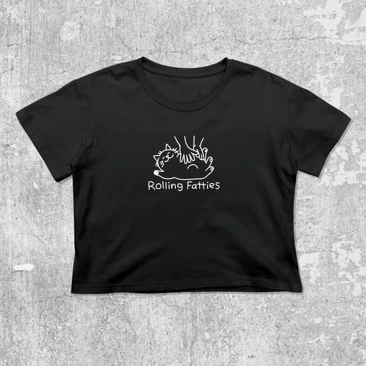 Rolling Fatties graphic crop tee with cute and trendy fit, featuring playful vintage graphic, stylish cut. Black crop t-shirt