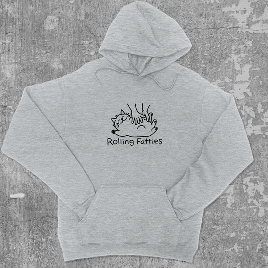 Rolling Fatties graphic hoodie with funny and trendy artwork, casual streetwear with bold personality. Great for adults and gifting. Heather Grey hoodie.