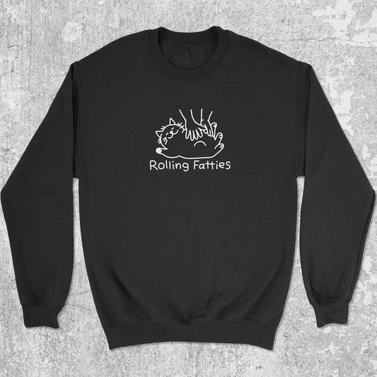 Rolling Fatties graphic sweatshirt with cute cat graphic, warm and cozy graphic for everyday wear. Perfect gifts for family and friends. Black pullover.