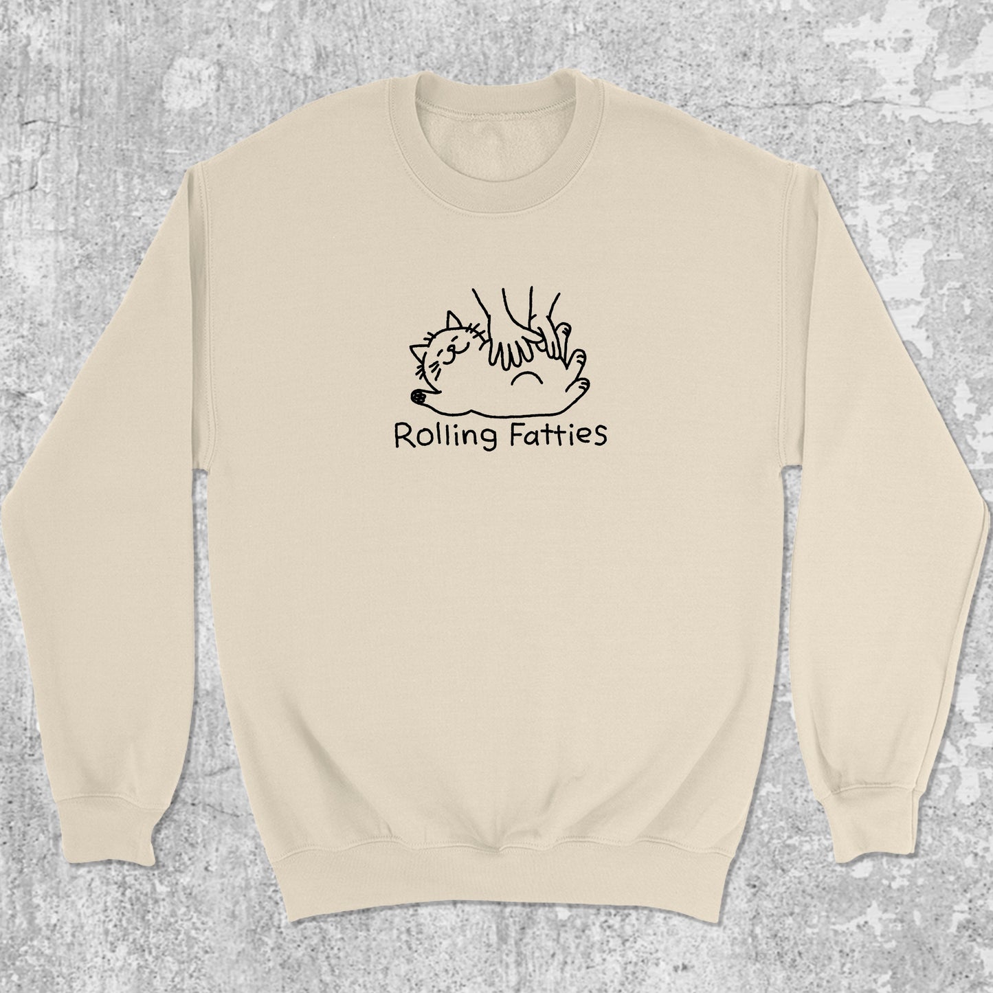 Rolling Fatties graphic sweatshirt with cute cat graphic, warm and cozy graphic for everyday wear. Perfect gifts for family and friends. Natural pullover.