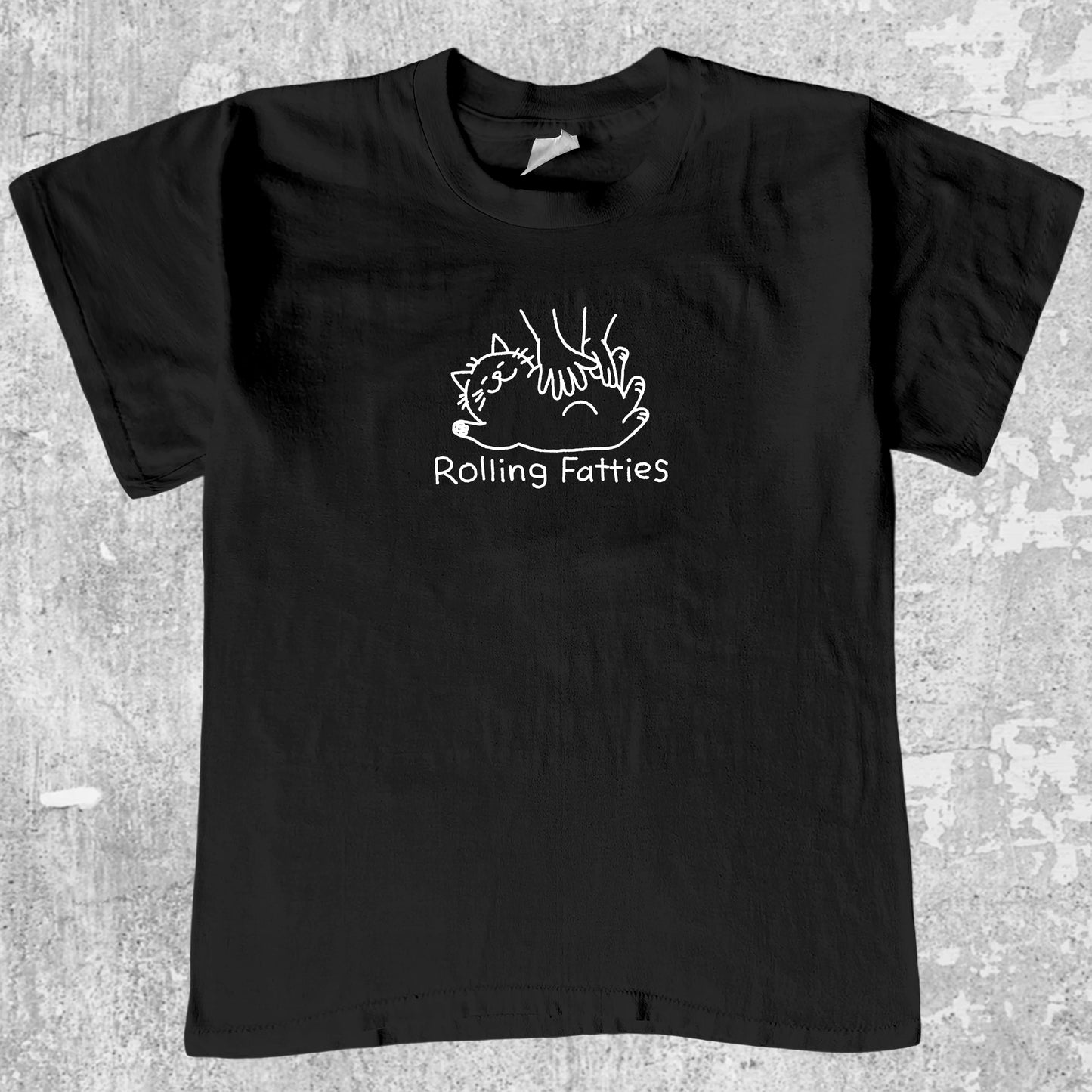 Rolling Fatties graphic tee with cute cat graphic, funny and simple graphic. Perfect gifts for family and friends. Black shirt.