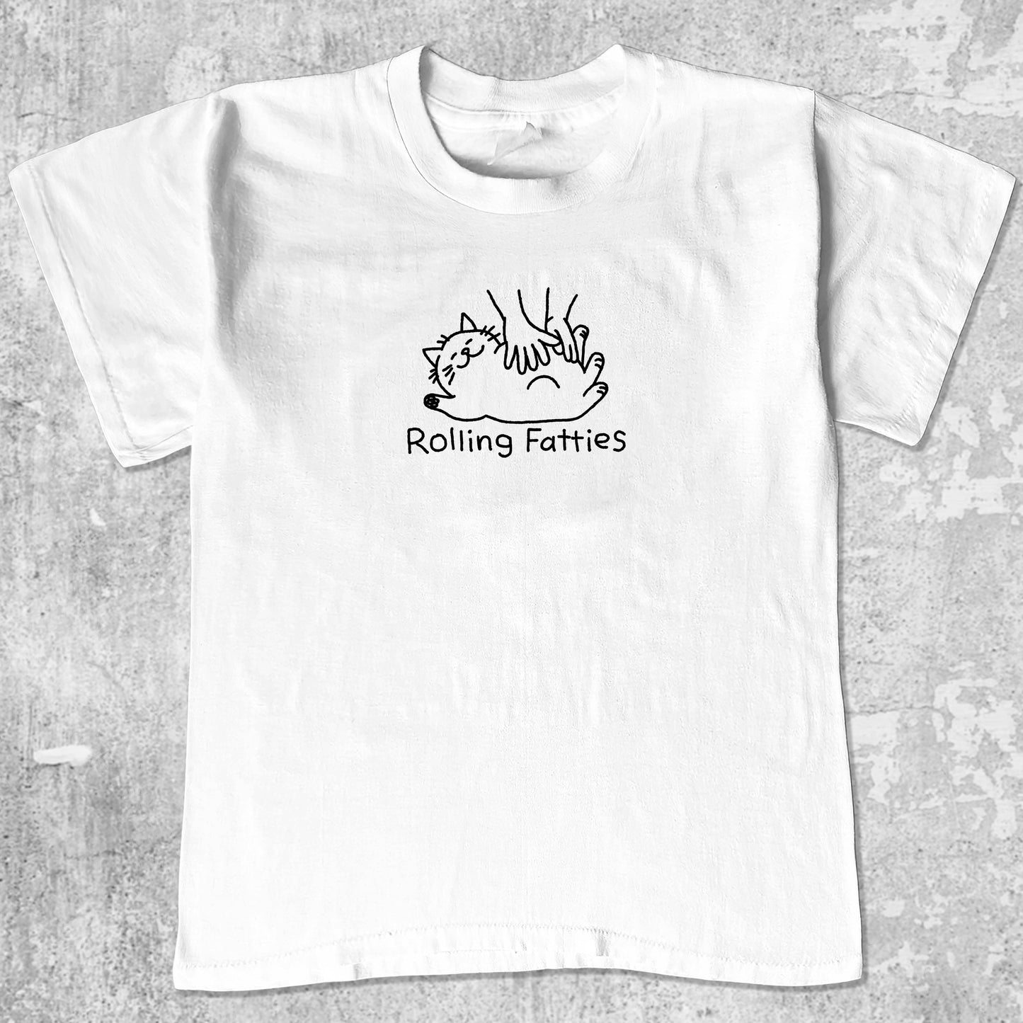 Rolling Fatties graphic tee with cute cat graphic, funny and simple graphic. Perfect gifts for family and friends. White shirt.