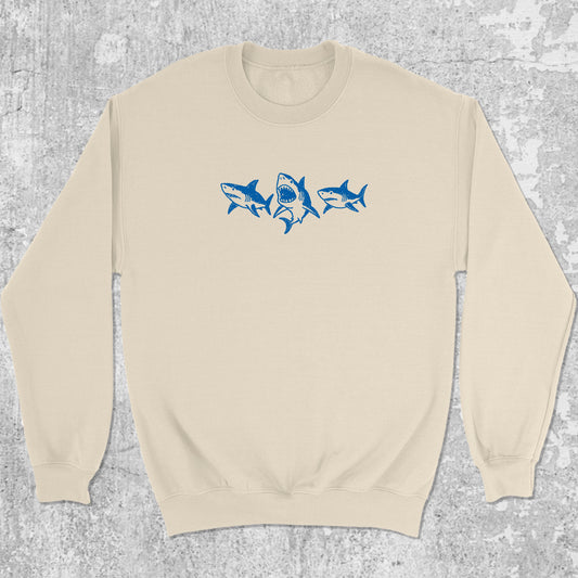 Sharks graphic sweatshirt with cute sharks print, warm and cozy graphic for everyday wear. Perfect gifts for family and friends. Natural pullover.