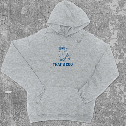That's Coo graphic hoodie with funny and trendy artwork, casual streetwear with bold personality. Great for adults and gifting. Heather Grey hoodie.