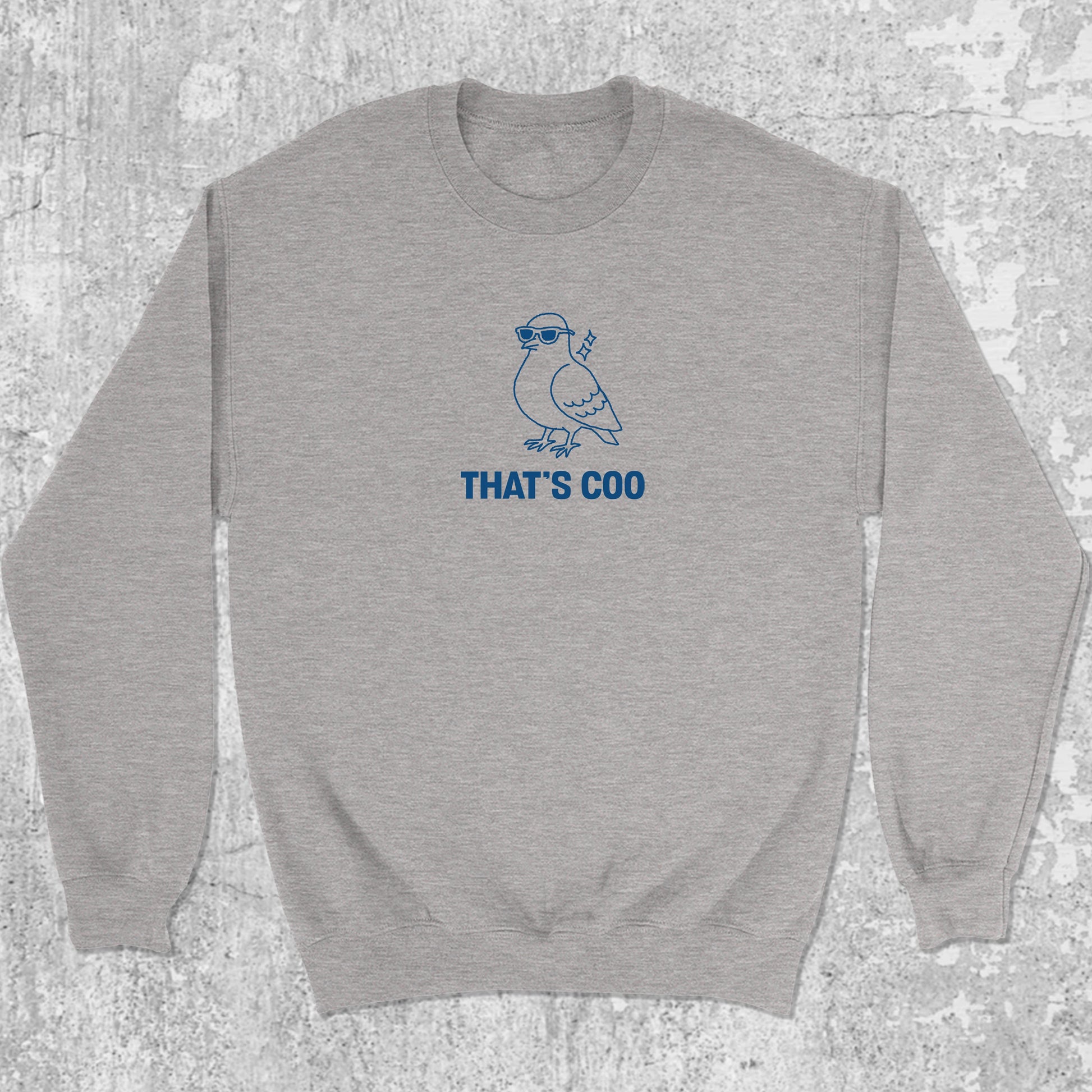 That's Coo graphic sweatshirt with bold and humorous print, warm and cozy graphic for everyday wear. Perfect for adults and gift-giving. Heather Grey pullover.