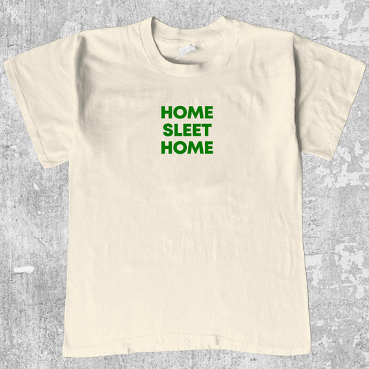 Home Sleet Home graphic tee with cute and humorous print, funny and Vintage graphic. Perfect for christmas gifts. Cream shirt.