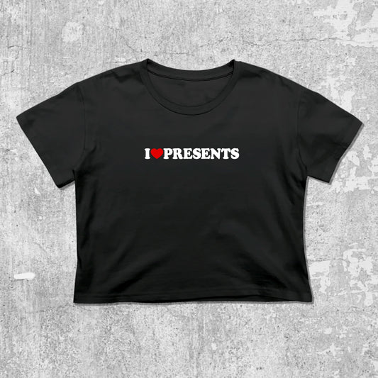 I Love Presents graphic crop tee with cute and trendy fit, featuring playful vintage graphic, stylish cut. Black crop t-shirt