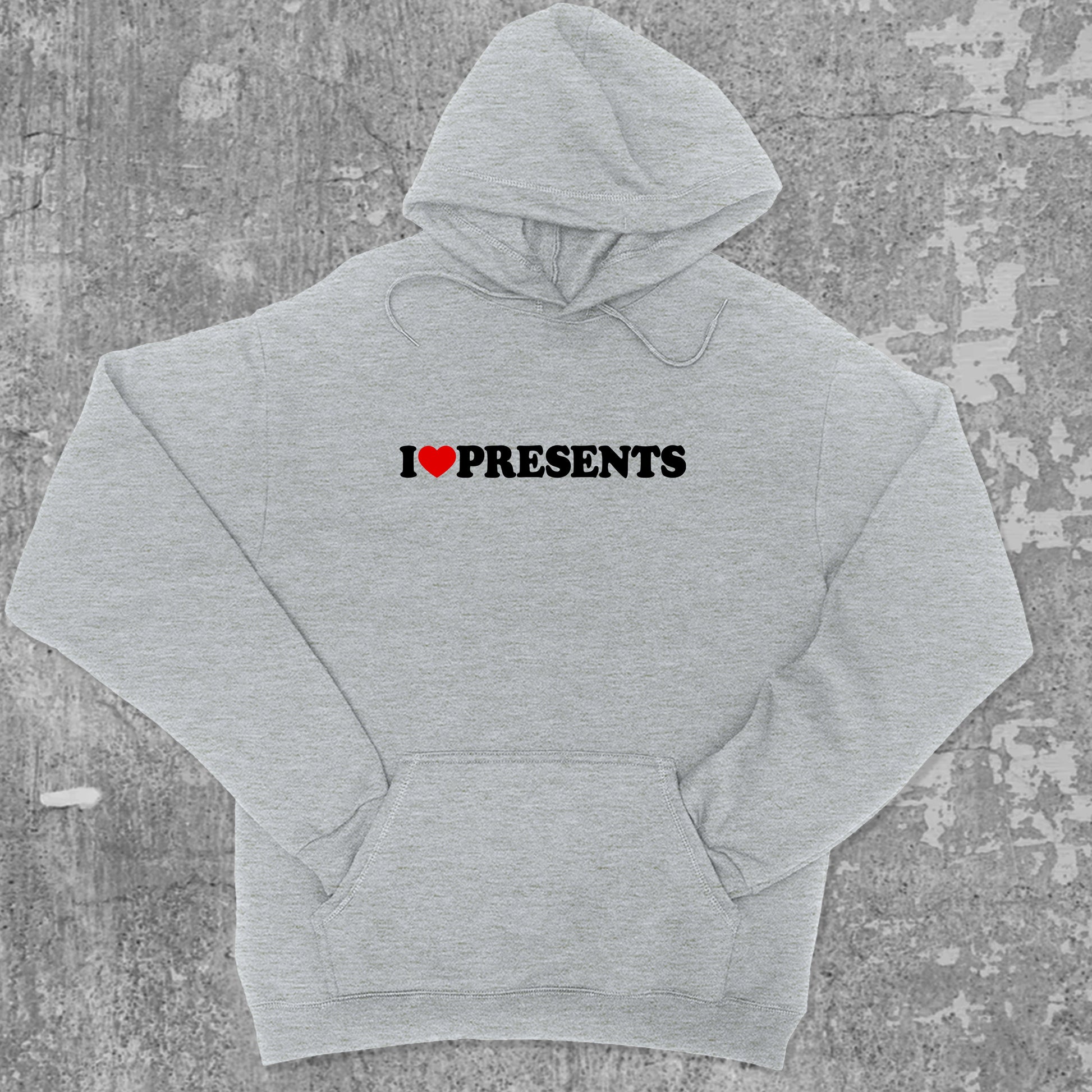 I Love Presents graphic hoodie with funny and trendy artwork, casual streetwear with bold personality. Great for adults and gifting. Heather Grey hoodie.