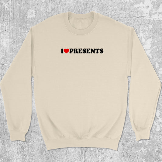 I Love Presents graphic sweatshirt with funny christmas print, warm and cozy graphic for everyday wear. Perfect for adults and gift-giving. Natural pullover.