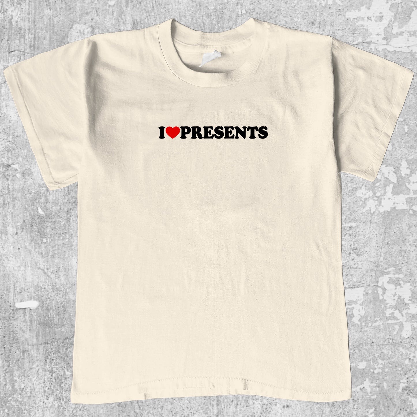 I Love Presents graphic tee with funny christmas print, retro christmas graphic. Perfect for adults and gift-giving. Cream shirt.