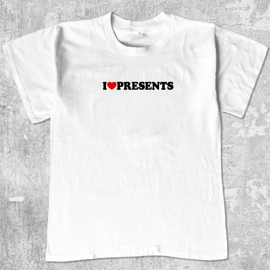 I Love Presents graphic tee with funny christmas print, retro christmas graphic. Perfect for adults and gift-giving. White shirt.