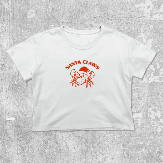 Santa Claws Crab graphic crop tee with funny christmas graphic, featuring playful vintage graphic, stylish cut. White crop t-shirt