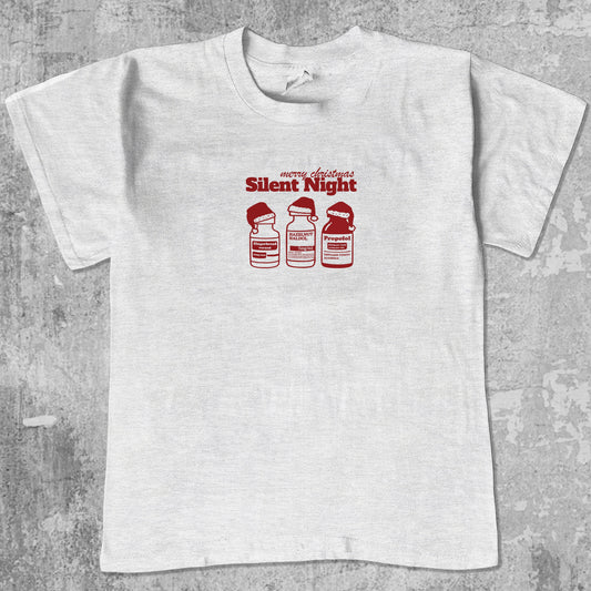Silent Night graphic tee with bold and humorous print, funny and trendy graphic. Perfect for special halloween. Ash Grey shirt.